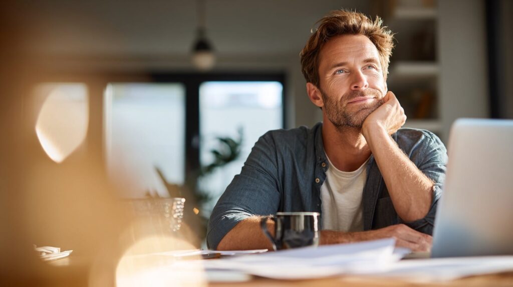 Calm business owner feeling relaxed while looking out window in morning sunlight