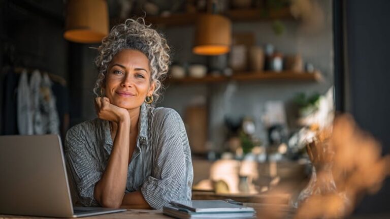Mature business owner happy and calm with books complete